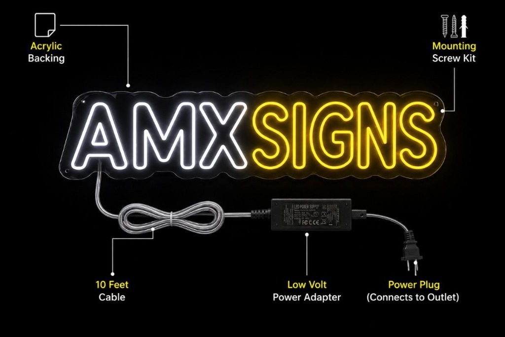 test Neon Sign What's in the Box Guide - Backing, Cord, Dimmer, and Adapter details
